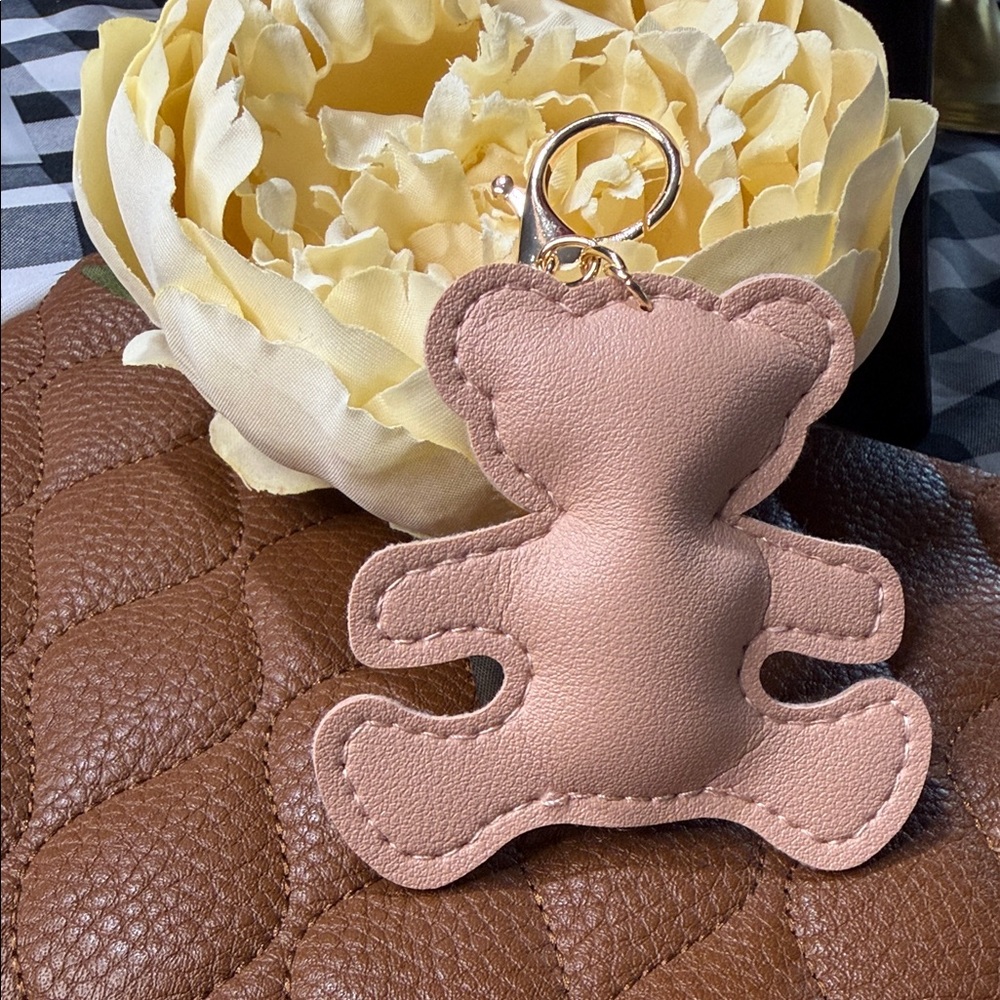 Chic Tan Leather Teddy Bear Keychain - Picture 2 of 3